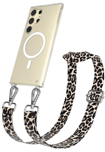 EAZY CASE Handykette - Verstellbares Taschenband kompatibel mit Galaxy S24 Ultra, Schulterriemen, Handykordel Silikon Hülle, Qi Charging kompatibel, Umhängetasche, Leo - Schwarz Beige Metall Silber
