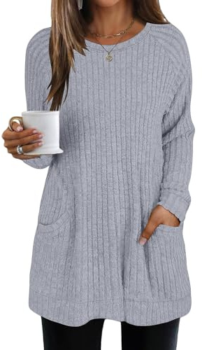 Womens Tops Long Sleeve Tunics Top for Women Casual Solid Color Oversized Long Jumper Crew Neck Sweatshirt with Pockets Knit Sweaters Long Tops to Wear with Leggings Light Ashy L