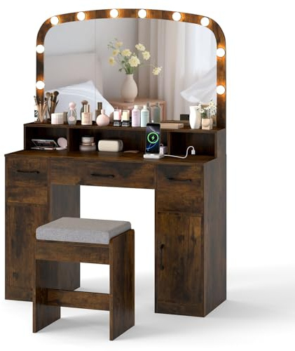 GIANTEX Schminktisch mit Beleuchtung und Spiegel, 3 Lichtfarben, Frisiertisch mit Hocker gepolstert, Kosmetiktisch mit Ladestation, Make Up Tisch mit 3 offene Fächern, 3 Schubladen & 2 Schränken Braun