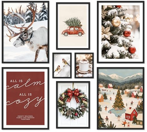 ARTFAVES® Poster Set - CHRISTMAS HOLIDAYS - mehrteilige Wanddeko Wohnzimmer & Schlafzimmer - 8 moderne Wandbilder Weihnachten, Winter, Schnee, Weihnachtszeit - mit Rahmen Schwarz