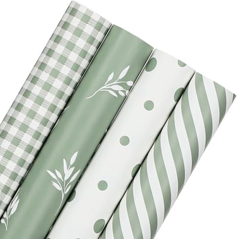 woric 4 rotoli di carta da regalo, verde salvia, 43 cm x 3 m, carta da regalo per matrimonio