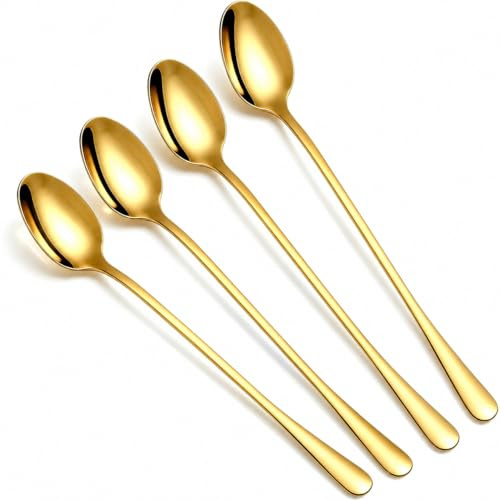 Gold Latte Spoons Set of 4 Long Handle for Espresso Iced Tea Coffee Dessert | 7.7 Length, Teardrop Bowl, Polished Gold Stainless Steel, Rust-Resistant, Dishwasher Safe, Fits Deep Jars & Mugs, Set of 4