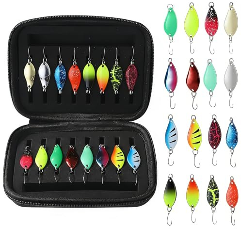 Spoons Forelle Set 16 Stück, Forellen Spoon Set aus Metall mit Aufbewahrungsbox, Forellen Blinker Angeln in 2.5g 3.5g 5g, Spoon Forelle Köder für Barsch Hecht Zander