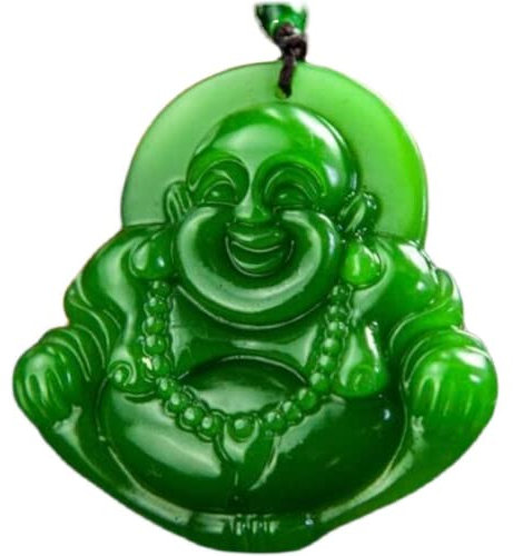 Halskette mit lachendem Buddha-Anhänger, groß, Grün, Jade