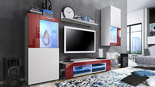 Vladon Wohnwand Movie, Anbauwand bestehend aus 1 TV-Board, 2 Vitrinen und 1 Regal, Weiß matt/Weiß matt/Bordeaux Hochglanz, inkl. LED-Beleuchtung blau (Gesamt: 300 x 190 x 39 cm)
