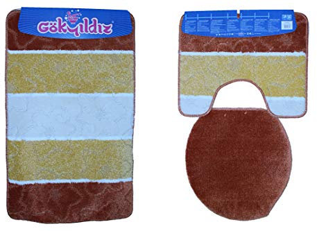 Anka Textil Badgarnitur 3-Teilig Badmatte Bad Set 85x55cm Hänge WC Streifen mit Ausschnitt (Terracotta)