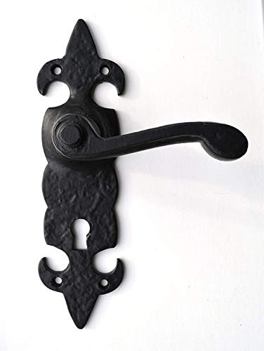 Poignées de porte noires vieillies à levier avec verrou Fleur de lys