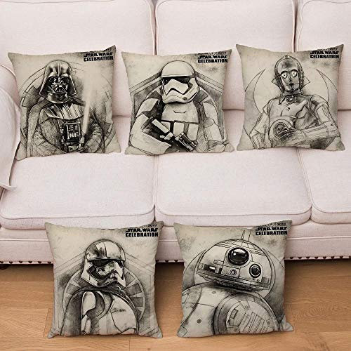 ZHAOCC Kissenbezug 5-teiliges Set Leinen Kissenbezug Star Wars Printing Square Lattice Home Decoration 45X45Cm