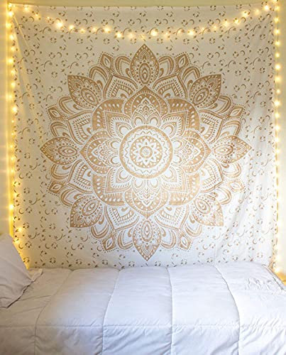 raajsee Metallic Gold Tapestry Mandala Wall Hangings, Indian Cotton Beach Throw Blanket, Hippie Tapestries Boho Decor,Twin Bedspread Yoga Meditation Mat Rugs 132X152 CM