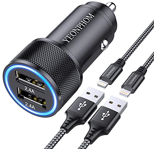 Cargador Coche iPhone con 2X Cable Lightning[Apple MFi Certificado],Cargador Mechero C oche Carga Papida Adaptador iPhone Coche USB Adaptador para i Phone 14 13 12 11 Pro Max/X/8/7/6