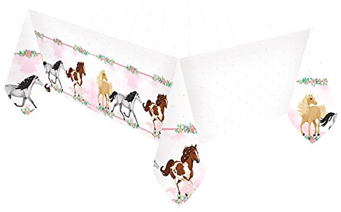 Amscan 9909877 - Plastik-Tischdecke Pferd, Größe 120 x 180 cm, weiß mit Pony-Bordüre, Tisch-Dekoration, Kinder-Geburtstag, Motto-Party