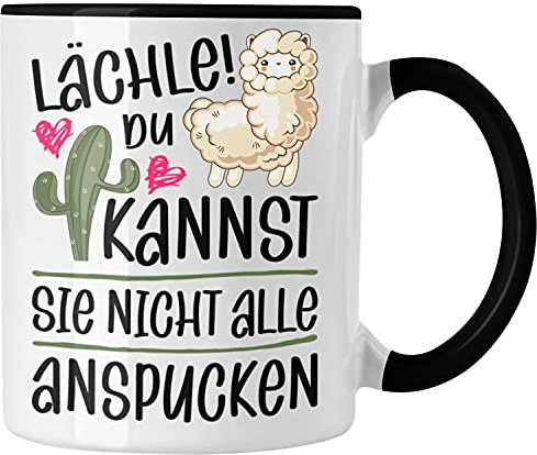 Trendation Lächle Du Kannst Sie Nicht Alle Anspucken Tasse Llama Lama Alpaka Kaffeetasse mit Spruch Lustige Tasse (Schwarz)