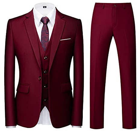 KUDORO Costume Homme 3 pièces Slim Fit Smoking Simple Poitrine à Un Bouton, Men Suits 3 Piece pour Mariage Business Fête Confort Elégant Blazer Veste et Pantalon Gilet(Bourgogne,XXL)