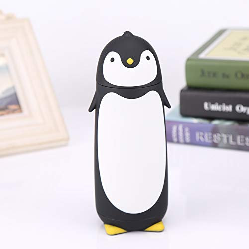 Termo de vacío de acero inoxidable de pingüino, botellas de agua térmicas de pingüino lindo, botella de agua de vidrio de pingüino lindo portátil de 300 ML, taza de viaje de doble capa(negro)