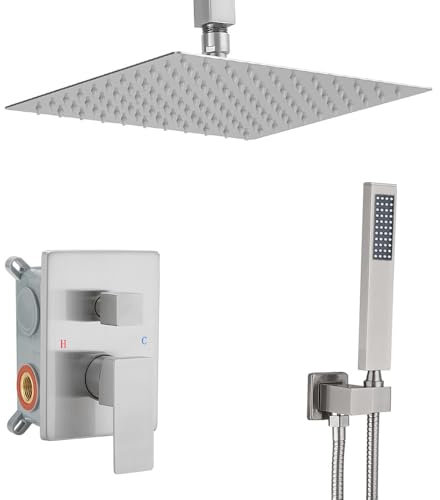 JingGang 10 Inch Ceiling Mounted Shower System Rain Mixer Shower Combo Set Rainfall Shower Head System Brushed Nickel Shower Faucet Rough-in Valve Body and Trim Included