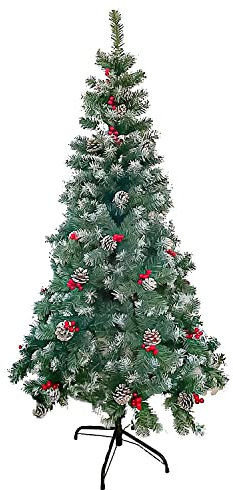 TIENDA EURASIA - Arbol de Navidad Nevado con Adornos de Muerdago y Piñas, Decoracion Navideña Original con Arbol de Navidad Verde con Nieve, Muerdago y Piñas, Arbol de Plastico (150 cm)