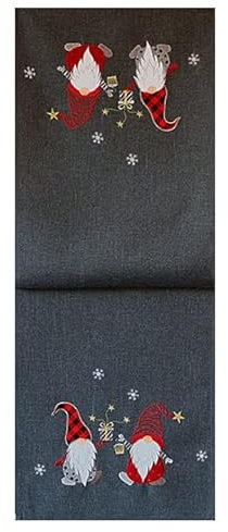 Tischläufer Mitteldecke Kissenhülle Weihnachten grau anthrazit Bestickt mit Zwei Wichteln in rot (40 x 85 cm)