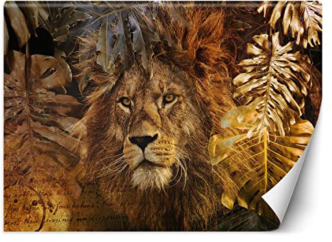 Feeby Fototapete Monstera Löwe 300x210 cm Gold XXL Vlies Wandtapete Tapeten Wohnzimmer Schlafzimmer Büro Flur Jugendzimmer Moderne Design Wandbild Wand Dekoration abstrakt Natur
