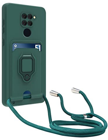 Dllatui Funda Compatible con Xiaomi Redmi Note 9,Cuello Cordón Carcasa Silicona Suave,Ranura con Tarjetas,Carcasa Cubierta Anillo Soporte (Verde)