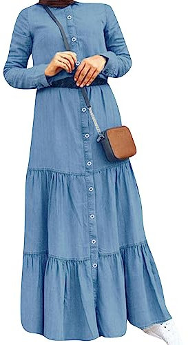 OMZIN Women Banded Collar Loose Shirt Dress Button Down Maxi Dresses Roll up Sleeve Denim Dress Light Blue M