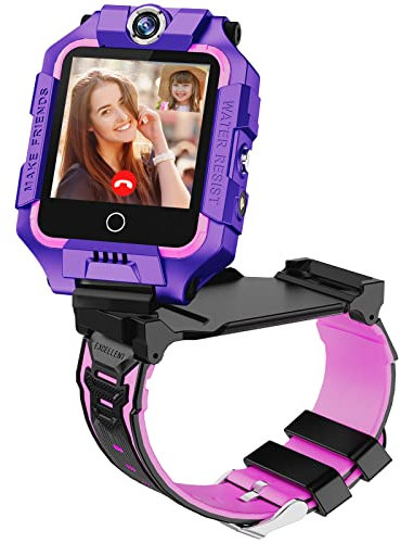 ele ELEOPTION 4G Smartwatch für Kinder, GPS Smartwatch mit 360° Dual-Kamera WiFi Video Telefonanruf SOS Schrittzähler IP67 Wasserdicht Smart Watch für Mädchen Jungen (Violett)