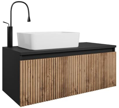 Easy4You Unterschrank WOTA 100 cm Matt Schwarz/Eiche Hängeschrank Badschrank Badezimmerschrank mit Schublade