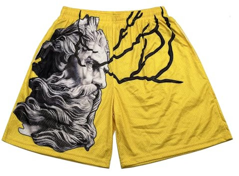 DIOTSR Herren-Basketball-Shorts mit Grafikdruck, coole Mesh-Basketball-Shorts, leger, flache Vorderseite, Sommer-Shorts, 04 Steinstatue, Gelb, Klein