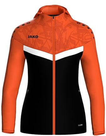 JAKO ICONIC Kapuzenjacke Gr. 34 Schwarz/Neonorange - Zipper Hoodie Damen, Bequeme Sweatjacke mit Keep Dry Funktion aus 100% recyceltem Polyester