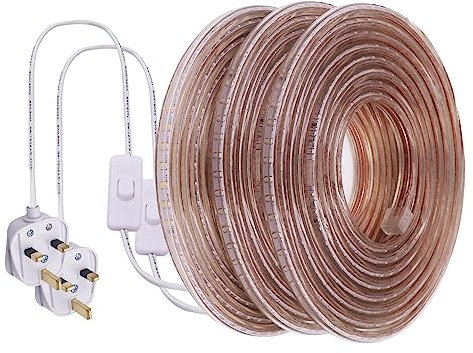 GAOUK 220V LED Light Strip with Switch Plug, 120 LEDs/m High Brightness LED Rope Light, IP67 Waterproof Flexible Cabinet Light, Indoor and Outdoor Lighting Decoration [10M, Warm White]