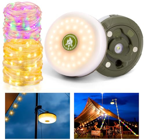 Okdance Camping String Lights, Outdoor Waterproof Portable Stowable String Light, 2000mAh Rechargeable Tent Lights, 10m Colorful Outdoor String Lights, 3 Light Adjustment Modes with Magnet and Hook