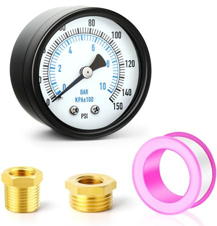 TAILONZ PNEUMATIC 0-10 Bar 2 DIAGRAM 1/4 BSP Well Pump pressure gauge with 1/2 BSP and 3/8 BSP brass bushing adapter, 3-2-3% accuracy, center back mounting