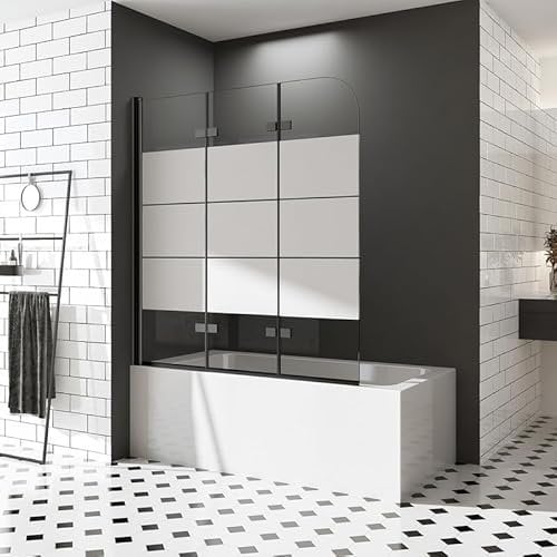 Duschwand für Badewannen 140 x 140 cm 3 teilig Schwarz Milchglas Streife faltbar Dekor Querstreifen Duschabtrennung Sicherheitsglas hell Faltwand Duschwand Nano Glas