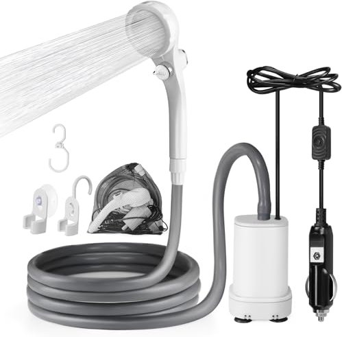 AUTOPkio Campingdusche Tragbar, 12V 24V Plug-and-Play Camp Dusche mit Pumpe Verstellbarem Duschkopf für Wohnmobil, Strand, Haustier, Autowaschen (Weiß, Ohne Sprühgerät)
