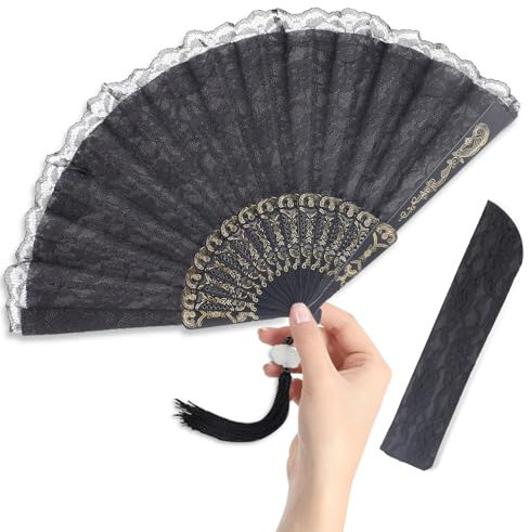 Black Lace Handheld Chinese Folding Fan, Decorative Folding Fans for Women Girls, Folding Hand Fans for Women (1,Black)