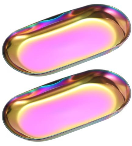 sourcing map 2pcs Stainless Steel Decorative Tray, 3.9 Oval Serving Tray Metal Decorative Plate for Perfume Jewelry Cosmetic Bathroom Organizer, Multicolor