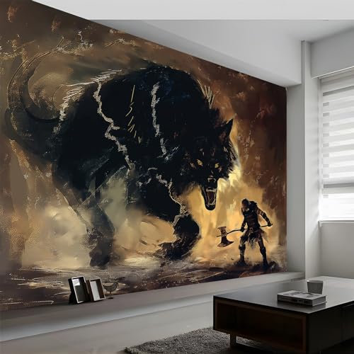 Dunkelbraun Vlies Fototapete Tapete, Wikinger-Tier-Schwarzwolf-Gemälde Jugendstil Dekoration für Schlafzimmer, Wohnzimmer, Büro, Flur, Größe 350 x 256 cm (WxH) Wandtapete Wanddeko