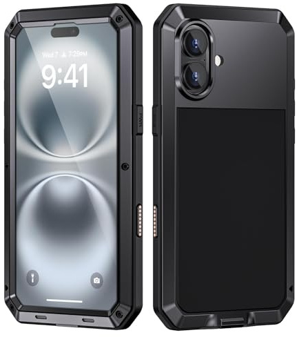 Focusor für iPhone 16 Plus Hülle Metall Panzer 360 Grad Outdoor Stoßfest | Schwarz,Military,Robust,Armor,Hardcase,Staubdicht,Baustelle,Komplett Schutzhülle,Handyhülle mit Displayschutz,Heavy Duty