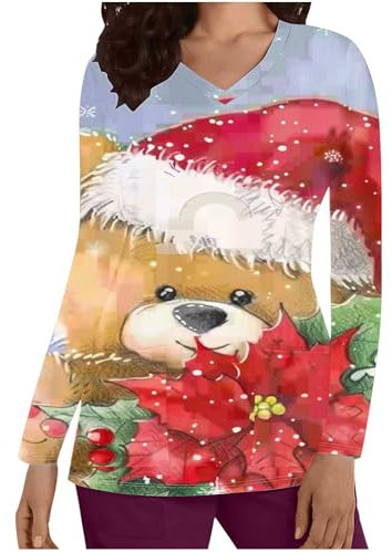 Damen T-Shirt Weihnachtlich Bedrucktes, Langärmliges Schutzkleidung Oberteil Mit V-Schnürtasche Und Tasche, Sale Angebote Pullover Lockerem Top, Sweatshirt Weich Bequem, Sweater Ugly Christmas