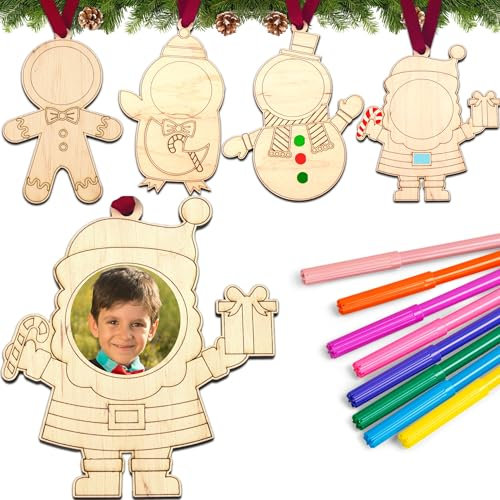 ERNESTINE – Bola de Navidad personalizable de madera X4 – Decoración de árbol de Navidad personalizable con foto – Regalo único para familia y amigos – Ocio creativo de Navidad – Colorear árbol de