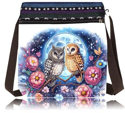 CXINLky 5D DIY Diamond Art Painting Crossbody Tasche, Diamont Art Messenger Tasche, Umhängetasche Münzgeldbörse Make-Up Schultertasche Reißverschluss Handtasche für Damen-10-Eule
