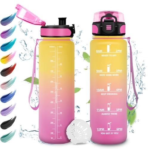 Trinkflasche Sport 1L, Auslaufsicher Wasserflasche Kohlensäure Geeignet, Trinkflasche mit Zeitmarkierung, Wasserflasche mit Filter, Sportflasche für Oudoor, Sprudel, Camping, Fahrrad, Fitness