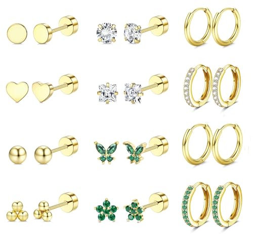 Diamday 12 Paar Ohrringe Gold Set für Damen Chirurgenstahl Creolen Ohrstecker Gold Piercing Ohr Helix Knorpel Medizinische Ohrstecker Huggie Creolen Hypoallergene Goldene Ohrringe Mehrfache Piercings