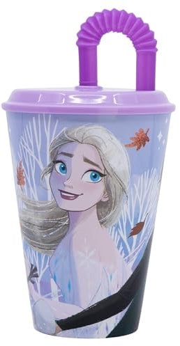 Stor Frozen - Bicchiere per bambini, riutilizzabile, con coperchio e cannuccia, 430 ml