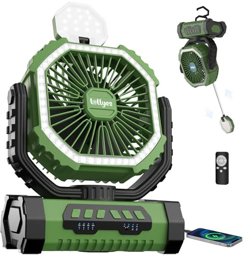 Ventilador de Camping de Sobremesa con Luz, 20000mAh Ventilador Portátil Recargable con Mando a Distancia y 360 ° Gancho Giratorio, 4 Velocidades Para Interior, Viajar, Tienda de Campaña (Verde)