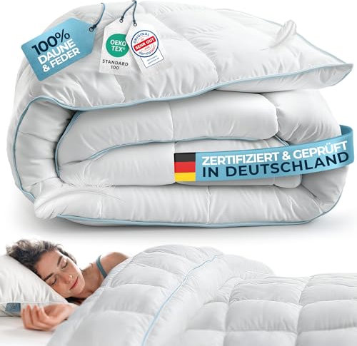 Glückstoff® Feder- und Daunendecke 220x240cm [Zertifiziert in Deutschland] - Bettdecke Daunen und Federn - Federbettdecke Oberbett - Schlafdecke Zudecke Sommer & Winterdecke - Duvet (Ganzjahresdecke)