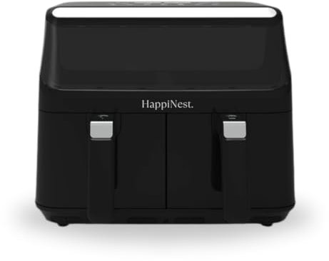 HappiNest 8L Smart Double Air Fryer – Low Wattage, Dual Basket Air Fryer with Touch Screen & Manual Control, Non-Toxic, Black Stainless Steel Portable Multi Cooker for Healthy Cooking