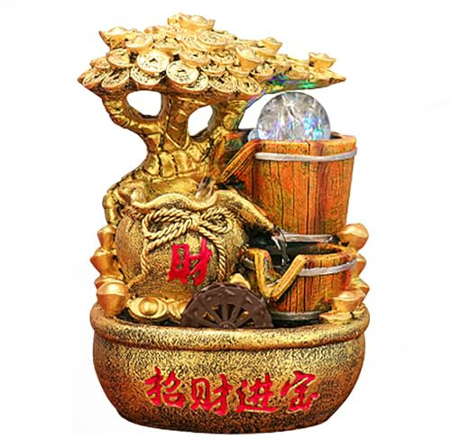 Decoración de Fuente Feng Shui, Fuente de Cascada para Interiores, Fuente de Agua Decorativa, con Árbol del Dinero y Luz, para Oficina y Entrada