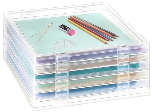 ASMIZ 6 Pcs Clear Plastic Storage Boxes, Transparent Square Paper Storage Cases with Buckle, Slim Project Cases for Craft Paper, Scrapbook Paper, Photos, A4 Sheets and Files, 31.5 x 32.2 x 2.67 cm