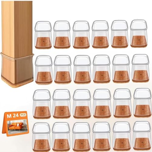 Stuhlbeinkappen Eckig 24 Stück (Fit:19-26mm), Klare Silikon Stuhlbeinschoner mit Filz, Schutzkappen für Stuhlbeine, Transparent Klein Filzgleiter für Holzböden, Laminat und Fliesenböden