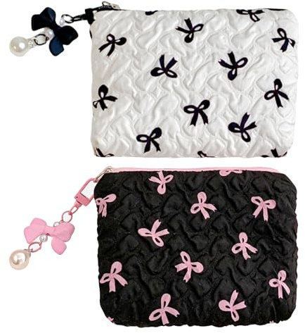 MLPKOI 2 Pezzi Piccola Borsa per Il Trucco per Borsa, Beauty Case da Viaggio Pochette Donna Trucchi con Texture Goffrata Pieghettata, Fiocco e Ciondolo di Perle, Nero e Bianco